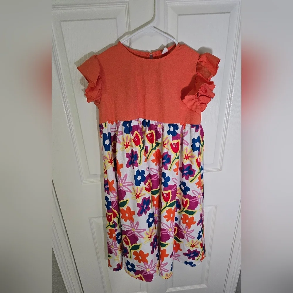 Shein Girls Floral Orange Flutter Fleeve Casual Dress 11-12Y